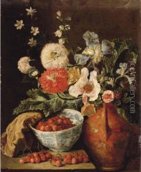 Wild Strawberries In A Blue And 
White Porcelain Bowl, Carnations, Irises, And Other Flowers Oil Painting - Pieter Snyers
