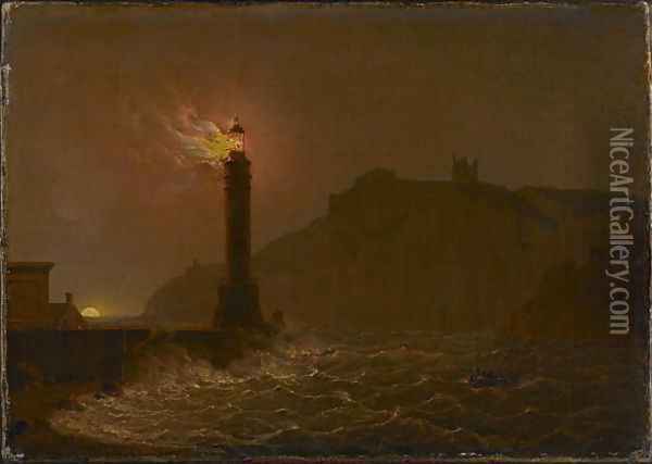 A Lighthouse on fire at night Oil Painting - Josepf Wright Of Derby