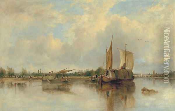 View of barges on the Thames with Henley beyond Oil Painting - Frederick Waters Watts