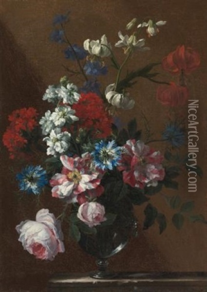 Bouquets Of Flowers In Glass Vases On Marble Ledges (pair) Oil Painting - Jean-Baptiste Monnoyer
