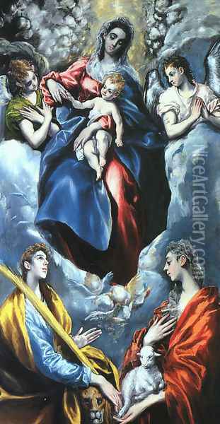 Madonna and Child with St. Martina and St. Agnes, 1597-99 Oil Painting - El Greco (Domenikos Theotokopoulos)