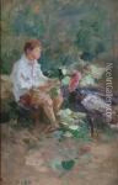 Study Of A Boy And A Turkey In A Yard Oil Painting - Paolo Sala