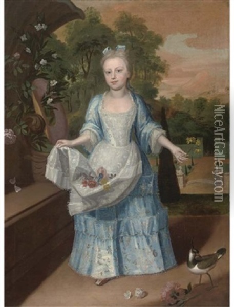 Portrait Of A Young Girl In A Blue Dress, Holding An Apron Containing Flowers, And A Sprig Of Narcissi In Her Left Hand, A Country House Beyond Oil Painting - Philip Mercier