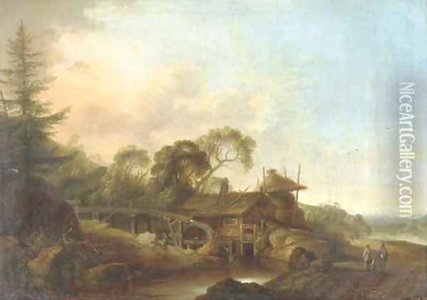 A wooded river landscape with a watermill, figures conversing on a path nearby Oil Painting - Franz Ferg