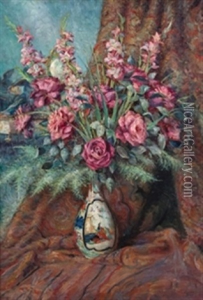Jarron Oriental Con Flores Oil Painting - Jose Llaneces