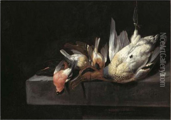 A Still Life With Birds And A Duck On A Stone Ledge Oil Painting - Jacobes Vonck