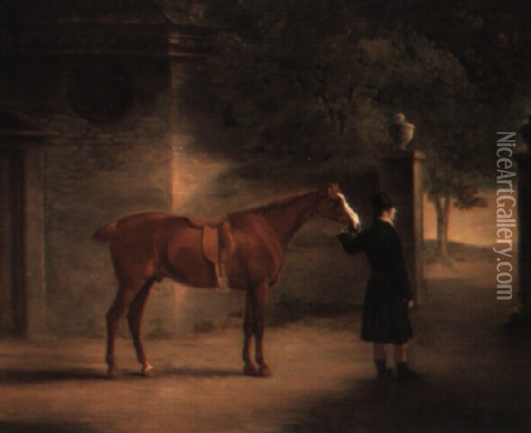 Mr. Wombell's Hunter With A Groom In A Courtyard Oil Painting - John E. Ferneley