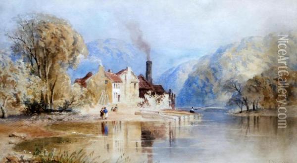 A Riverside Watermill, Possibly In Wales Oil Painting - Cornelius Pearson
