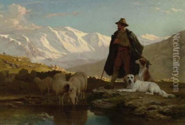 Herdsman In Landscape. 1862. Oil Painting - Albert De Meuron