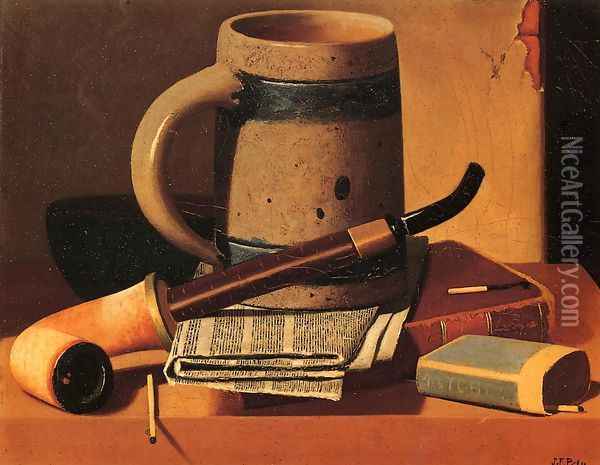 Still Life with Pipe, Beer Stein, Newspaper, Book and Matches Oil Painting - John Frederick Peto