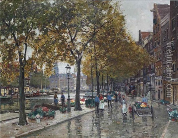 Flowermarket On The Singel, Amsterdam Oil Painting - Heinrich Hermanns