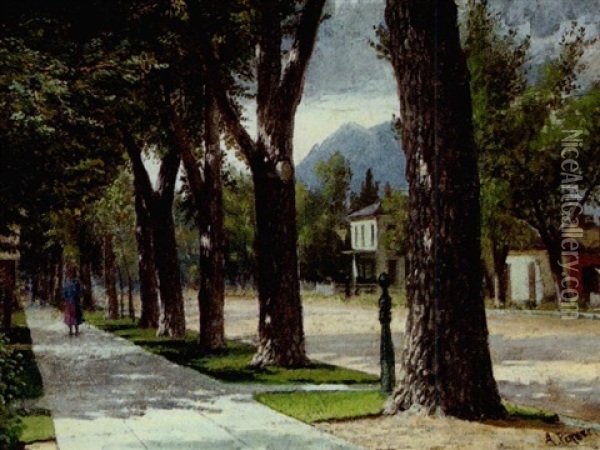 Tree Lined Street Oil Painting - Achille Peretti