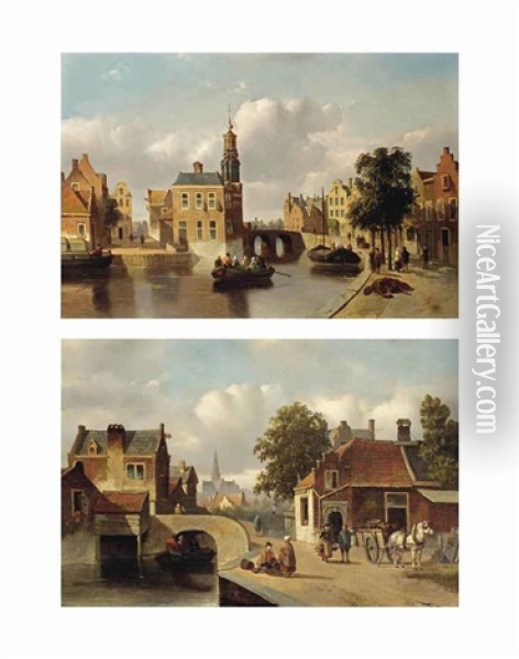 A Capriccio View Of The Munt, Amsterdam; A Capriccio View Of Haarlem With The St. Bavo Church (pair) Oil Painting - Adrianus Jacobus Vrolyk
