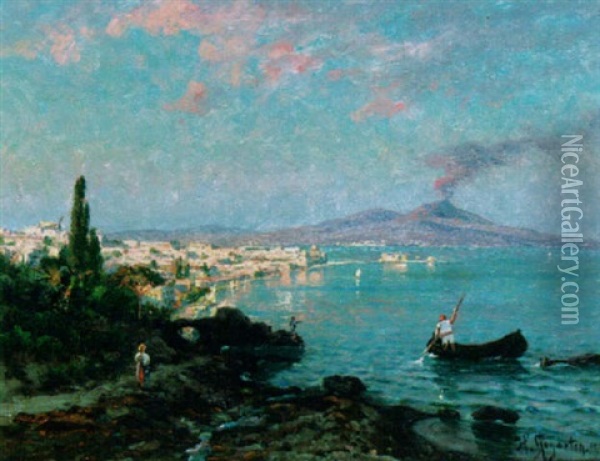 A View Of Naples With The Vesuvius In The Background Oil Painting - Heinrich Gogarten