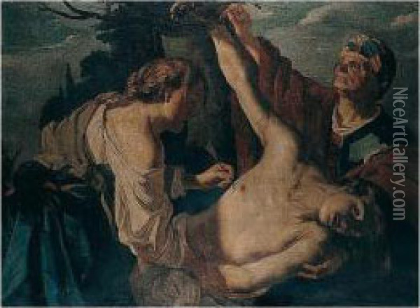 Saint Irene Tending To Saint Sebastian's Wounds Oil Painting - Dirck Van Baburen