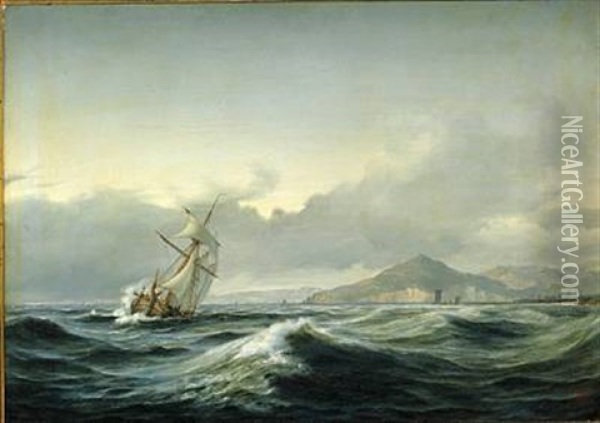 Seascape With Sailing Ship In Rough Sea. In The Background A Rocky Coast Oil Painting - Daniel Hermann Anton Melbye