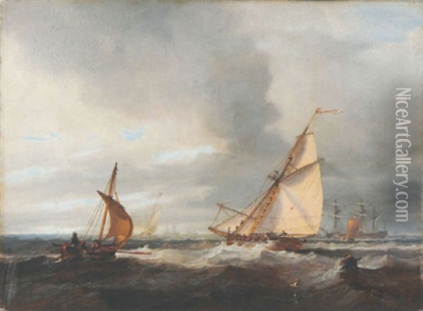 An Armed Cutter Heading For A Squadron Anchored Off Shore Oil Painting - John Wilson Carmichael