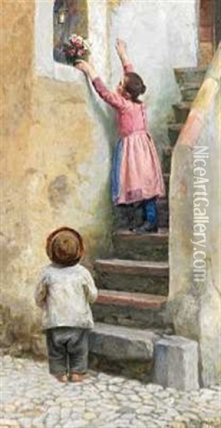 To Italienske Born Pa Trappen Saetter Blomster I En Niche Oil Painting - Cilius (Johannes Konrad) Andersen