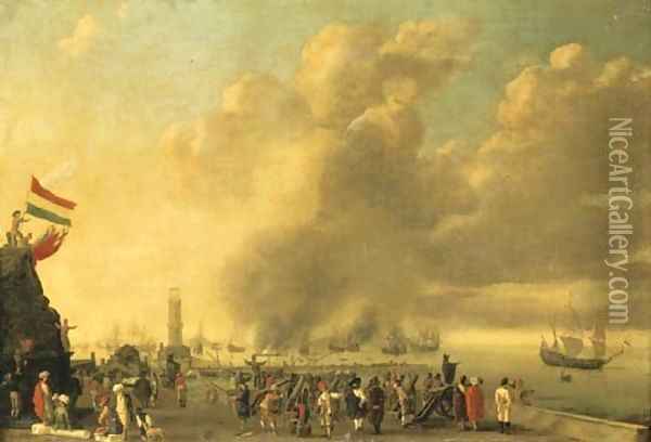 A fortified harbor with merchants and soldiers in the foreground, a naval battle beyond Oil Painting - Willem van de Velde the Younger