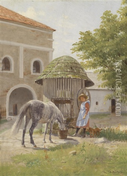 Madchen Mit Pferd Am Brunnen Oil Painting - Hermann Reisz