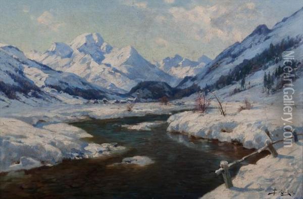 Snowy River Scene Oil Painting - Jacques Matthias Schenker