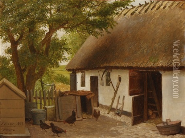 Hens Pecking Corn At The Court Yard Oil Painting - Johann Julius Exner