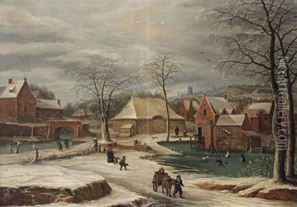 A Winter Landscape With Children On The Ice And Other Figures, A Town Beyond Oil Painting - Joos de Momper the Younger