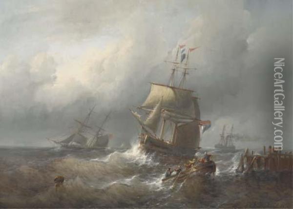 A Two-master Approaching A Harbour On Choppy Waters Oil Painting - Christiaan Cornelis Kannemans