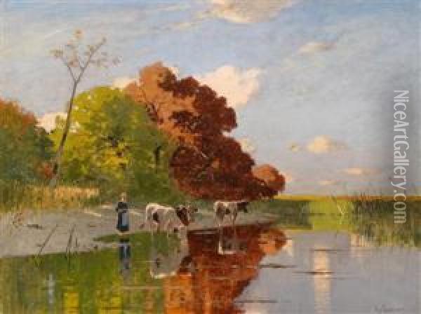 Kuhe Und Hirten Am Seeufer Oil Painting - Richard Von Poschinger
