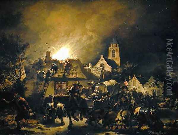Fire in a village at night, 1655 Oil Painting - Egbert van der Poel