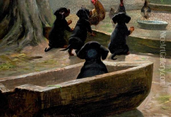 Dachshund Puppies Oil Painting - Simon Simonson