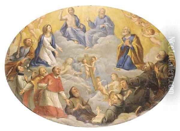 The Trinity adored by the Madonna, Saints Francis and Ignatius of Loyola and other Saints Oil Painting - Johann Rottenhammer