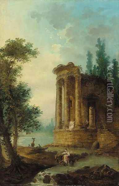 A wooded river landscape with figures by a classical ruin Oil Painting - Hubert Robert