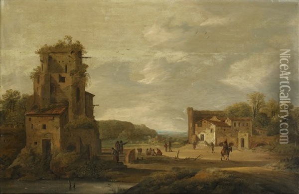 Scene From A Village Oil Painting - Daniel van Heil