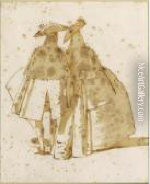 Two Cloaked Figures Seen From The Rear Oil Painting - Giovanni Domenico Tiepolo