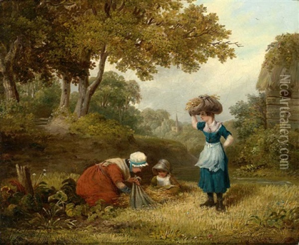 Familie Bei Der Nachlese Auf Einem Weizenfeld Vor Englischer Landschaft Mit Kirchdorf Oil Painting - William Collins