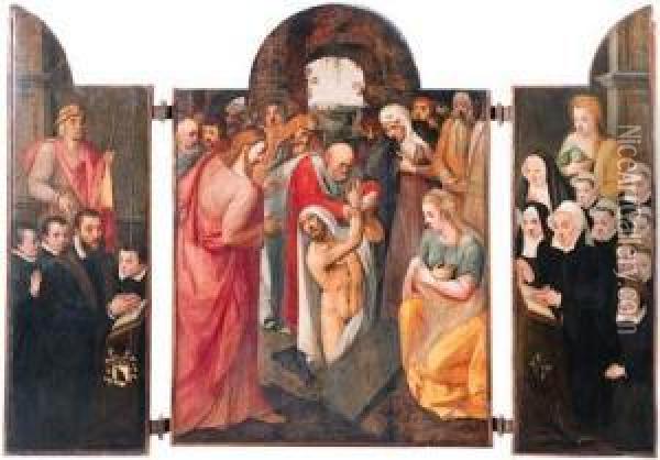 A Triptych: The Raising Of 
Lazarus On The Central Compartment Witha Kneeling Male Donor, Presented 
By Saint Jacob And Accompanied Byhis Sons On The Left Wing, His Wife, 
Kneeling, Presented By Saintcatherine And Accompanied By Her Daughters 
On The  Oil Painting - Frans Pourbus