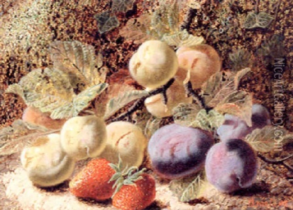 Strawberries, Plums, And Greengages On A Mossy Bank Oil Painting - Oliver Clare