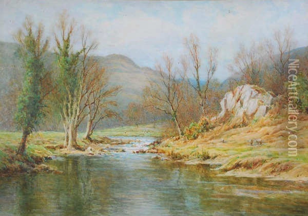 Sheep In A Winter Lakeland River Landscape Oil Painting - Tom Clough