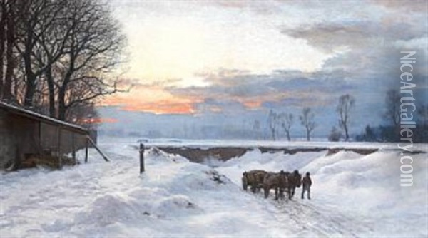 A Carriage On A Path In A Winter Landscape - The Sun Is Setting Oil Painting - Anders Andersen-Lundby