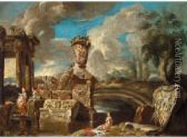 Landscape With Figures Among Classical Ruins Oil Painting - Giovanni Niccolo Servandoni