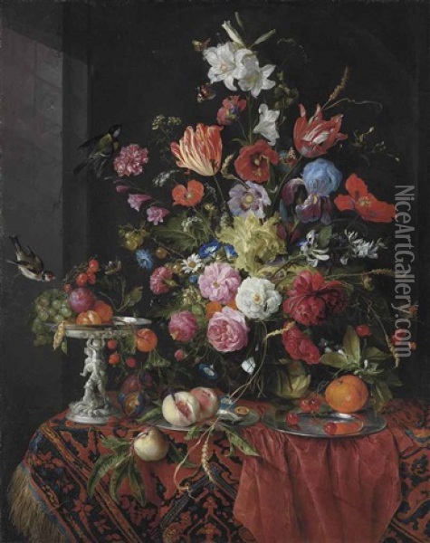 Flowers In A Glass Vase On A Draped Table, With A Silver Tazza, Fruit, Insects And Birds Oil Painting - Jan Davidsz De Heem