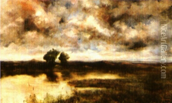 Paysage A L'etang Au Coucher Du Soleil Oil Painting - Adolf Giorgini Toscano