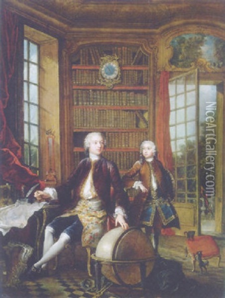 Portrait Of The Artist's Son With His Teacher (the Architect Jean-baptiste De Courtonne The Younger?) In A Library Oil Painting - Jacques de Lajoue