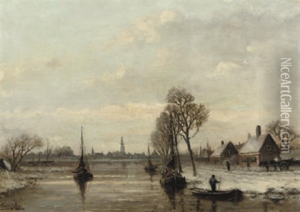 Boats On A River In Winter Oil Painting - Adriaan Marinus Geyp