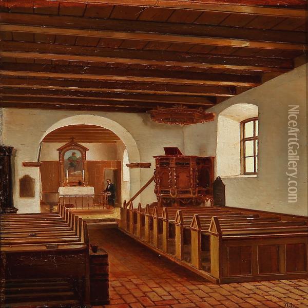 Interior From A Danish Village Church Oil Painting - Karl Jensen