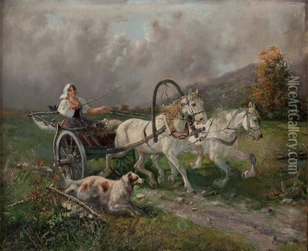 Junge Bauerin Mit Pferdegespann Auf Der Flucht Vor Aufkommendem Gewitter Oil Painting - Albert Singer