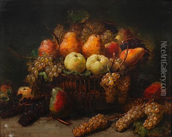 Still Life With An Overflowing Basket Of Apples, Pears And Grapes Oil Painting - Alexis Kreyder