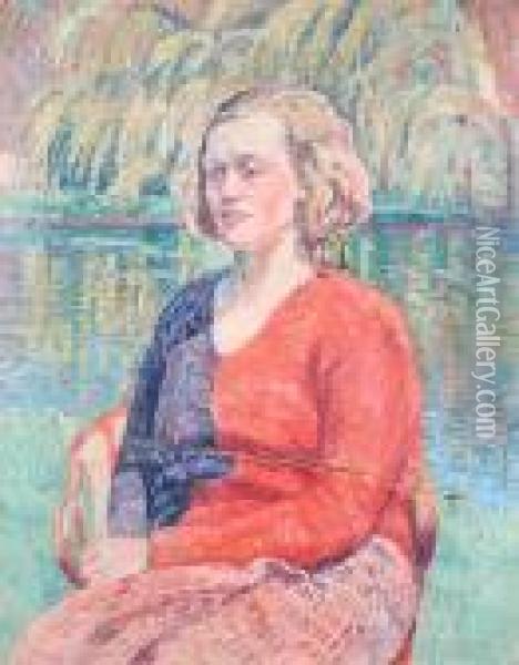 Portrait Of A Lady Seated By The Lake Side Oil Painting - Rowley Smart