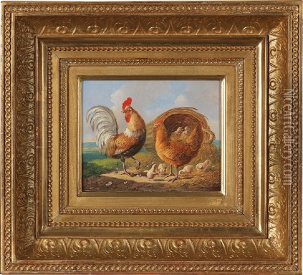 Cock, Hens And Chicks In An Open Landscape Oil Painting - Albertus Verhoesen